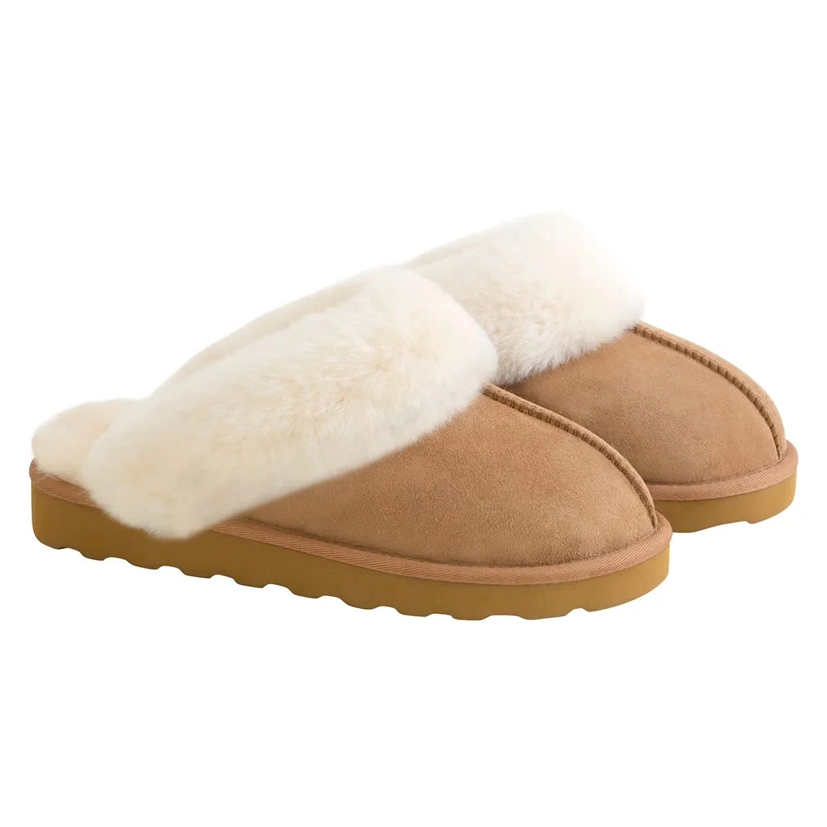 Pantuflas miel con cuello afelpado claro y talón abierto