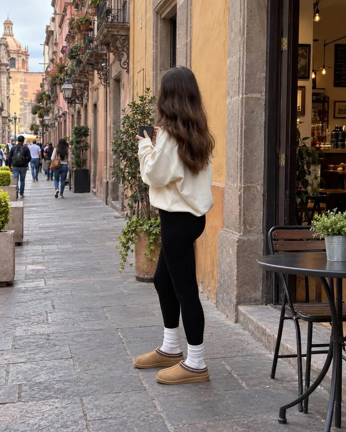 Idea de outfit completo con sudadera clara, leggings, calcetas blancas y pantuflas color miel, junto a un café